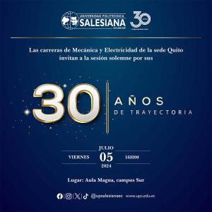 Afiche promocional del 30° aniversario de las carreras de Mecánica y Electricidad - sede Quito